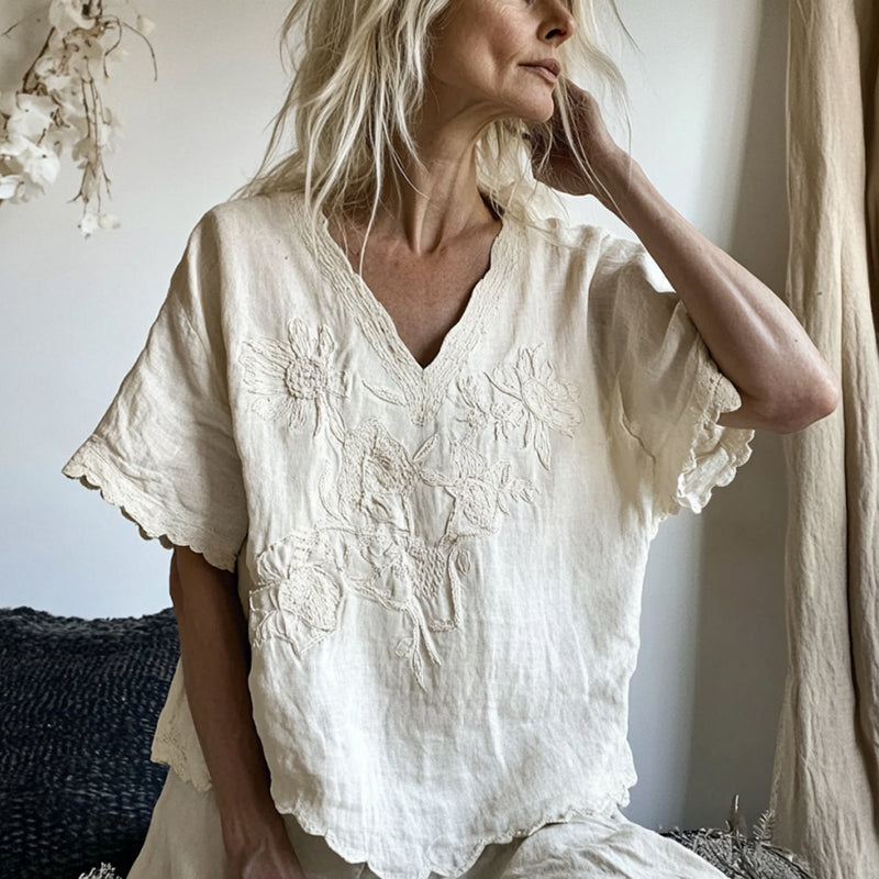 Comstylish Vintage Floral Art Cotton Linen Comfy Shirt