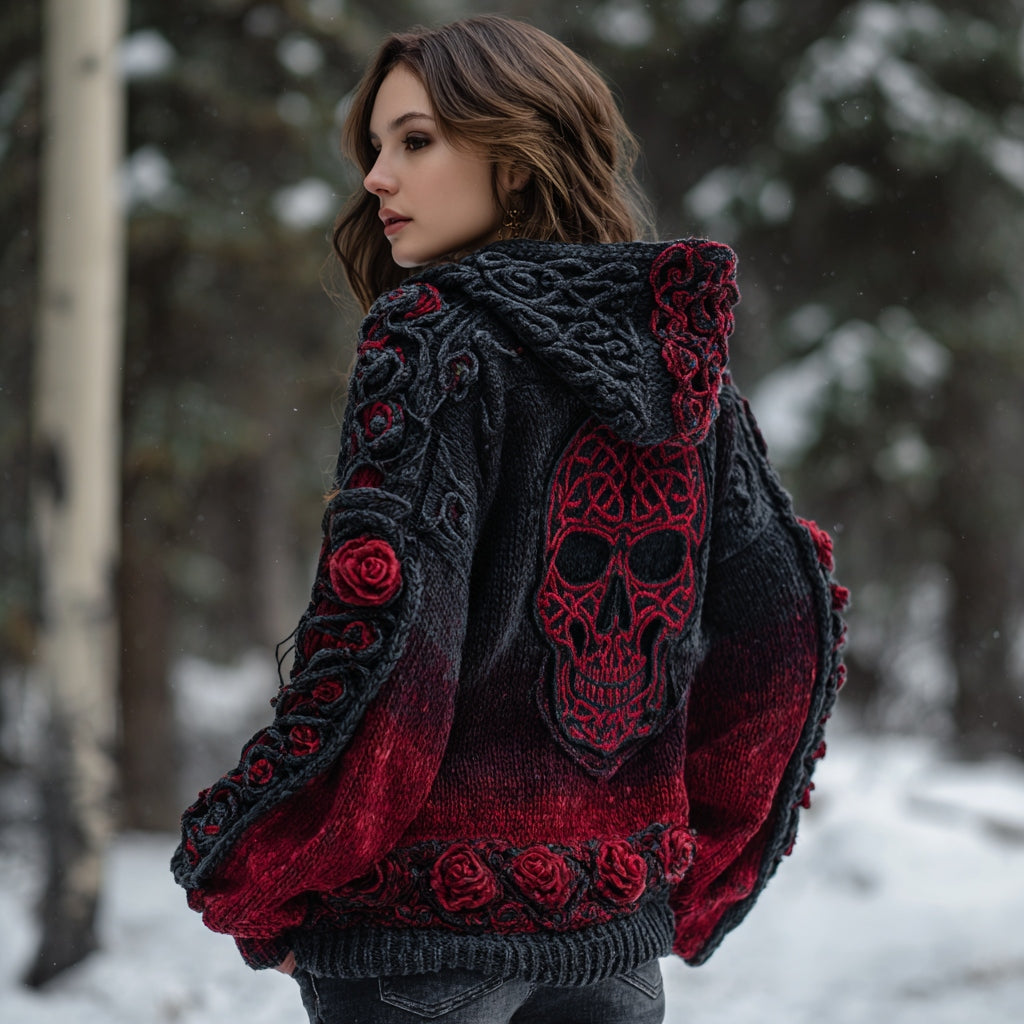 Women's Vintage Skull Floral Gradient Celtic Art Knit Hooded Sweater artswardrobe
