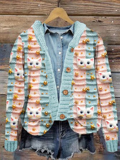 Pastel Christmas Cat Embroidery Pattern Cozy Knit Cardigan elevenforest
