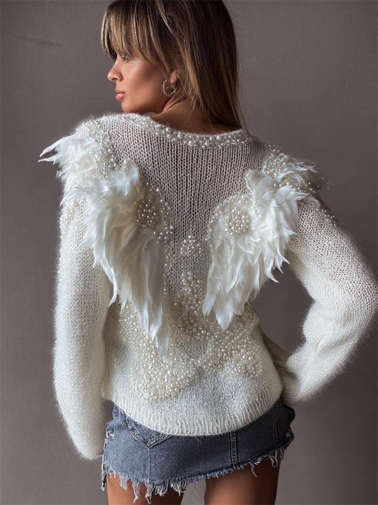 Christian Classy Angel Wings Pearls Beaded Cozy Fuzzy Sweater artswardrobe