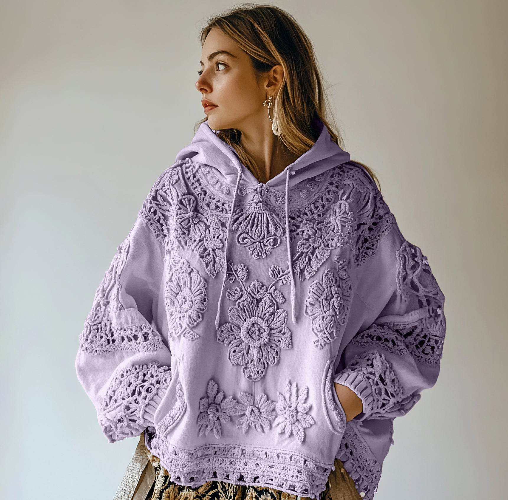 Comstylish Women's Floral Embroidery Art Casual Cozy Hoodie