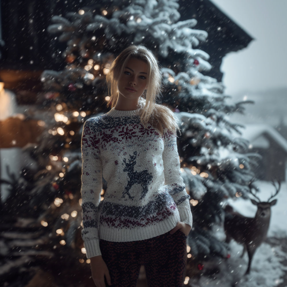 Women's Christmas Elk Fair Island Pattern Casual Round Neck Sweater artswardrobe