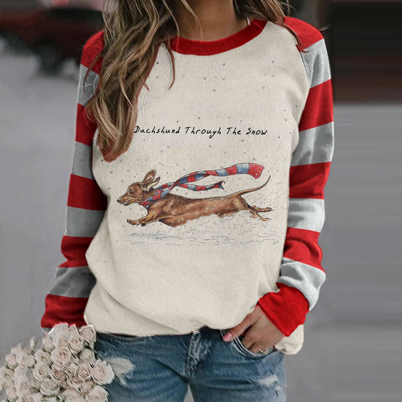 Comstylish Women's Dachshund Trough The Snow Christmas Printed Casual Sweatshirt