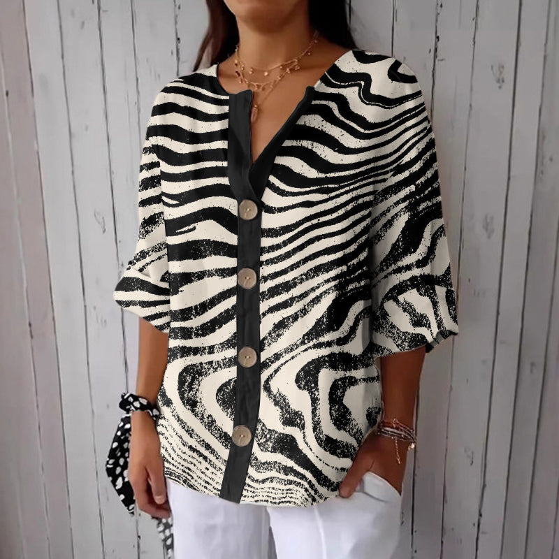Women's Stripe Art Print Button Linen Blend Shirt artswardrobe
