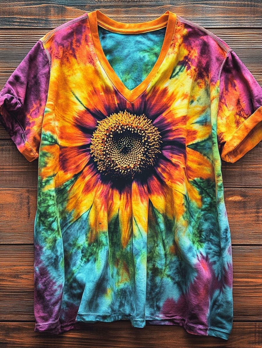 Women's Vintage Sunflower Tie-Dye Floral Art Graphic Print V-Neck Cott