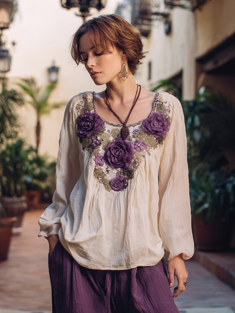 Comstylish Vintage Purple Roses Embroidered Cozy Linen Tunic