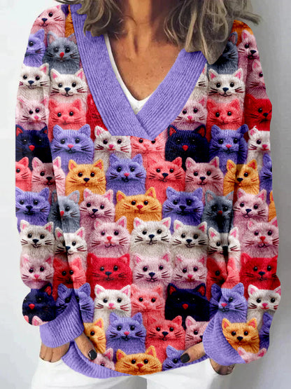 Comstylish Colorful Cute Cats Embroidered Cozy Knit Sweater
