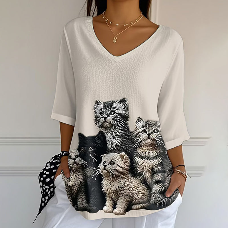 Comstylish Women's Retro Funny Animal Cat Print Mid Sleeve T-shirt