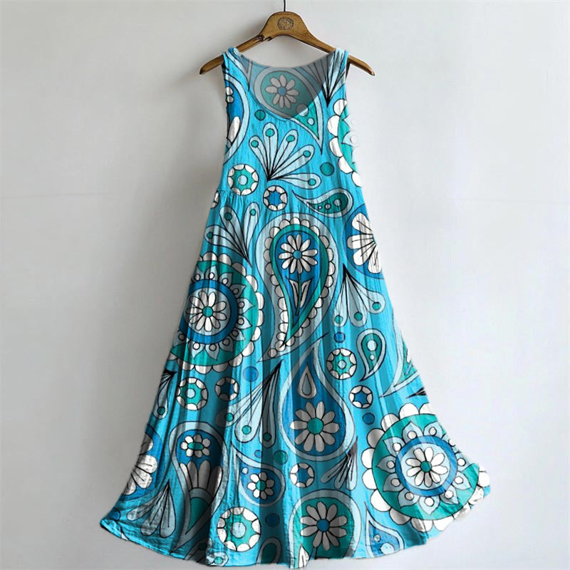 Women's Retro Paisley Floral Art Print Sleeveless Cotton Pocket Dress