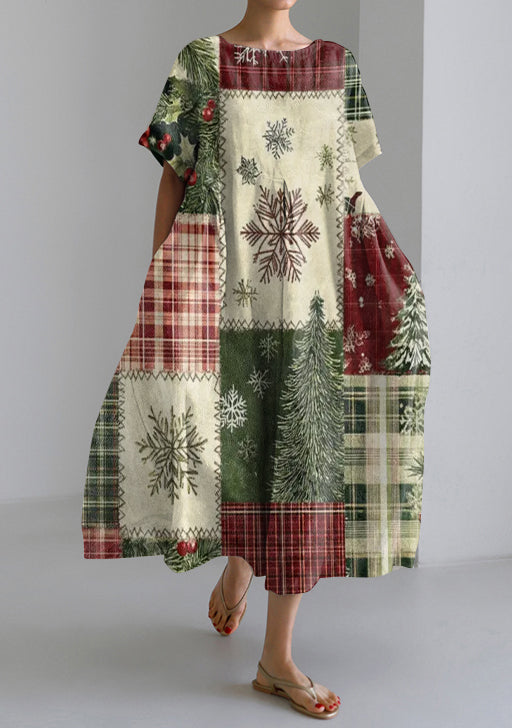 Vintage Christmas Patchwork Art Print Short Sleeve Dress