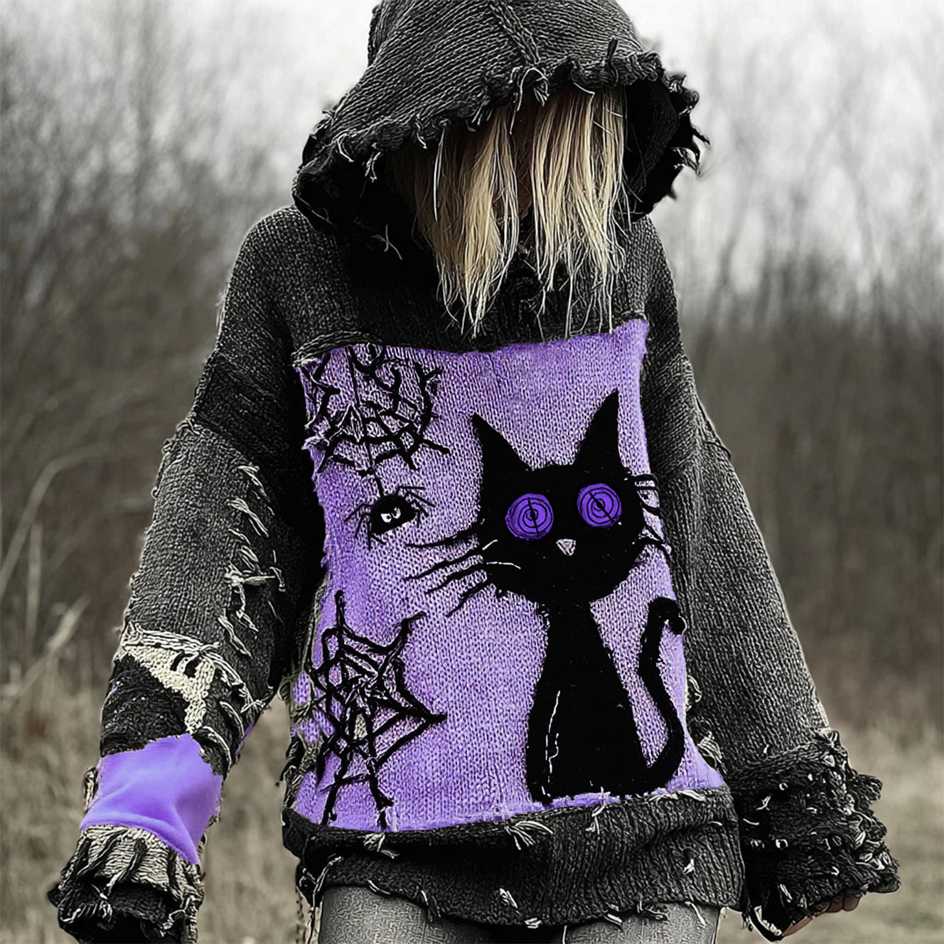 Halloween Scared Black Cat Patchwork Stitched Cozy Knit Hooded elevenforest