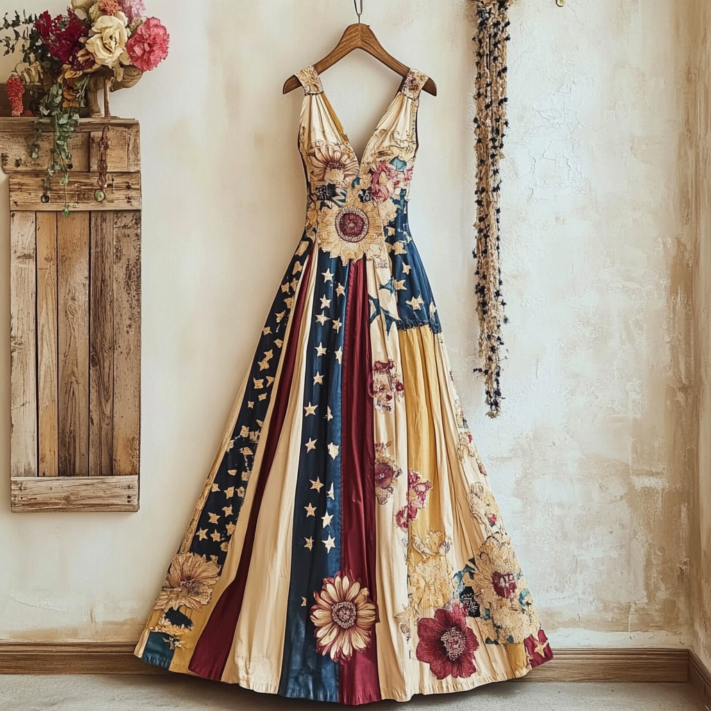 Women's Vintage Independence Day Flag Floral Embroidery Sleeveless Dress artswardrobe