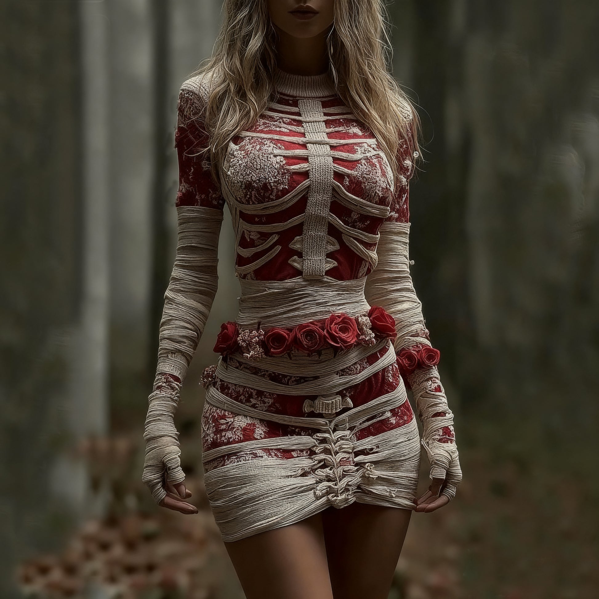 Women's Vintage Red Rose Skeleton Art Knit Mini Sweater Dress artswardrobe