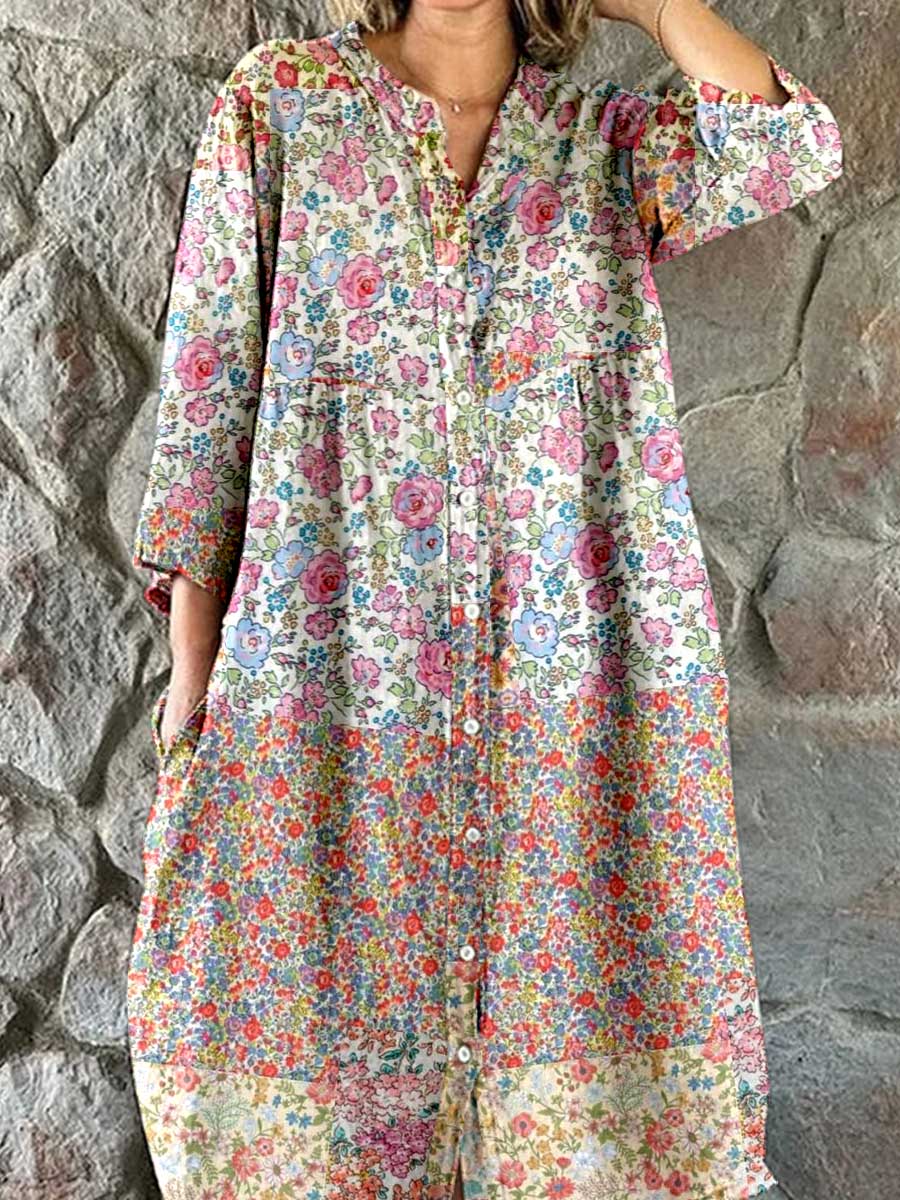 Women's Resort Art Rose Floral Pattern Cotton Shirt Dress