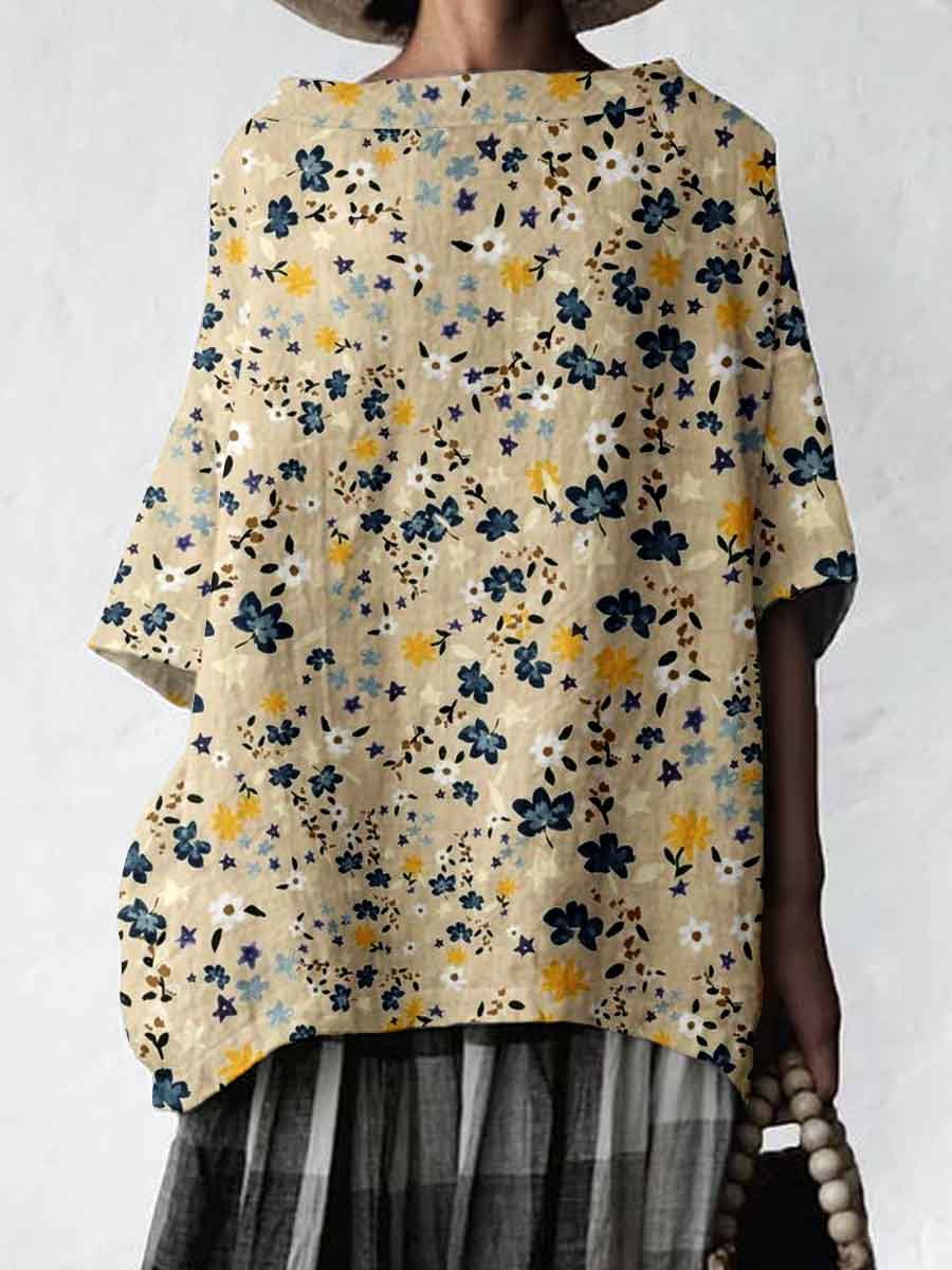 Women's Elegant Floral Cotton and Linen Top