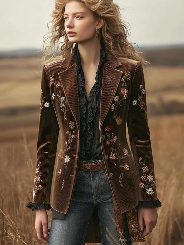 Comstylish Women's Retro British Style Plant Flower Embroidery Velvet Suit Coat