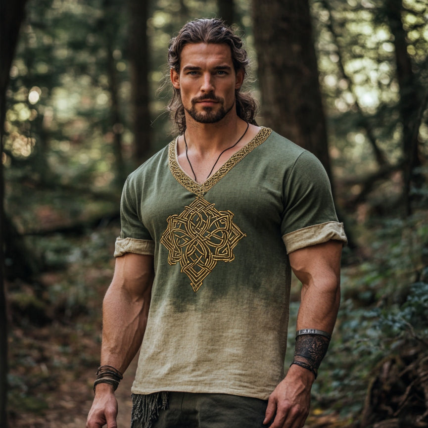 Men's Retro Viking Celtic Knot Gradient Art Linen T-shirt artswardrobe