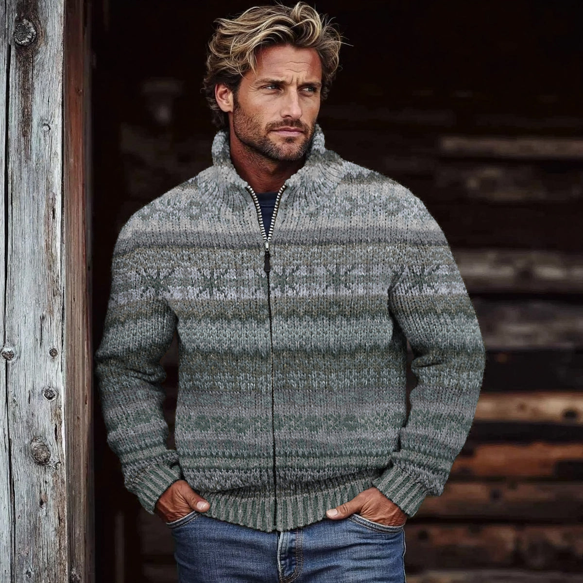 Men's Vintage Fairman Island Knit Jacquard Zip Sweater elevenforest