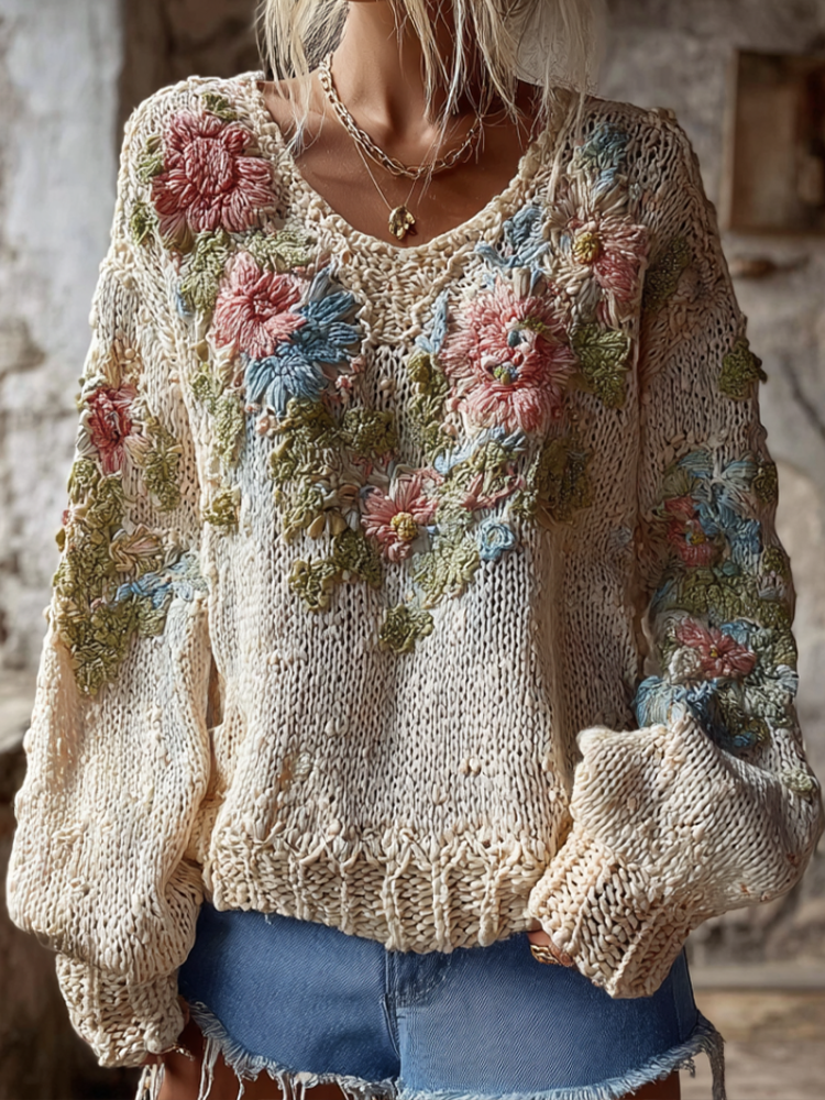 Bohemian Style Plant And Flower Embroidery Pattern Women's Round Neck Knitted Sweater artswardrobe