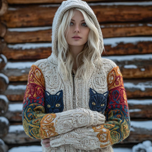 Lady Retro Viking Style Fun Cat Knit Hooded Cardigan Sweater Jacket elevenforest