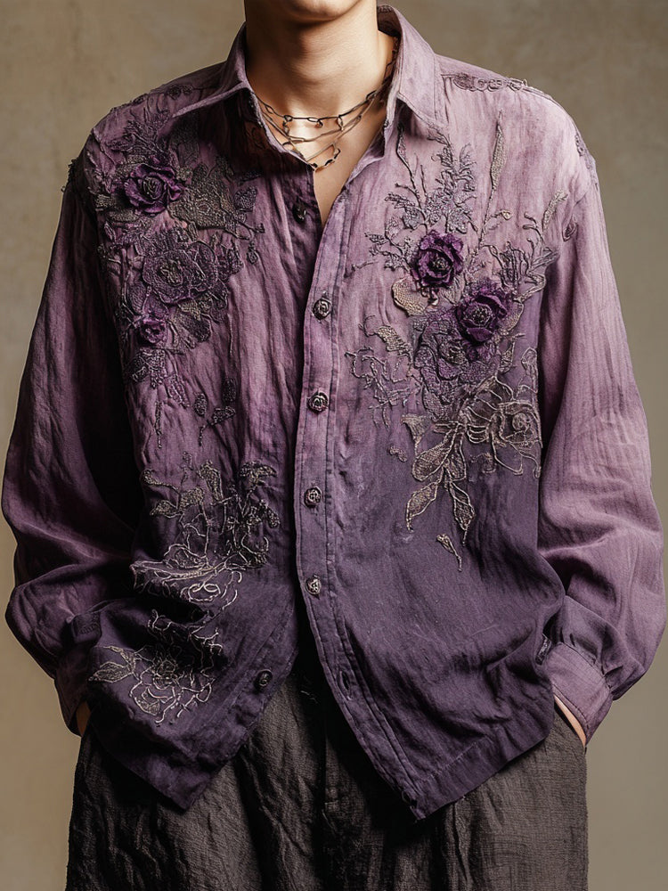 Men's Vintage Floral Embroidered Gradient Linen Blouse artswardrobe