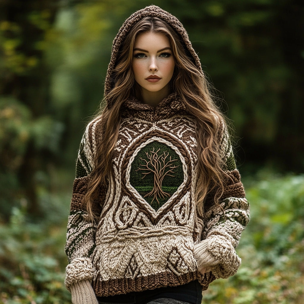 Women's Viking Style Tree Of Life Cozy Chunky Hooded Sweater elevenforest