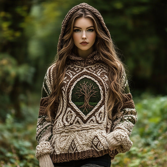 Women's Viking Style Tree Of Life Cozy Chunky Hooded Sweater elevenforest
