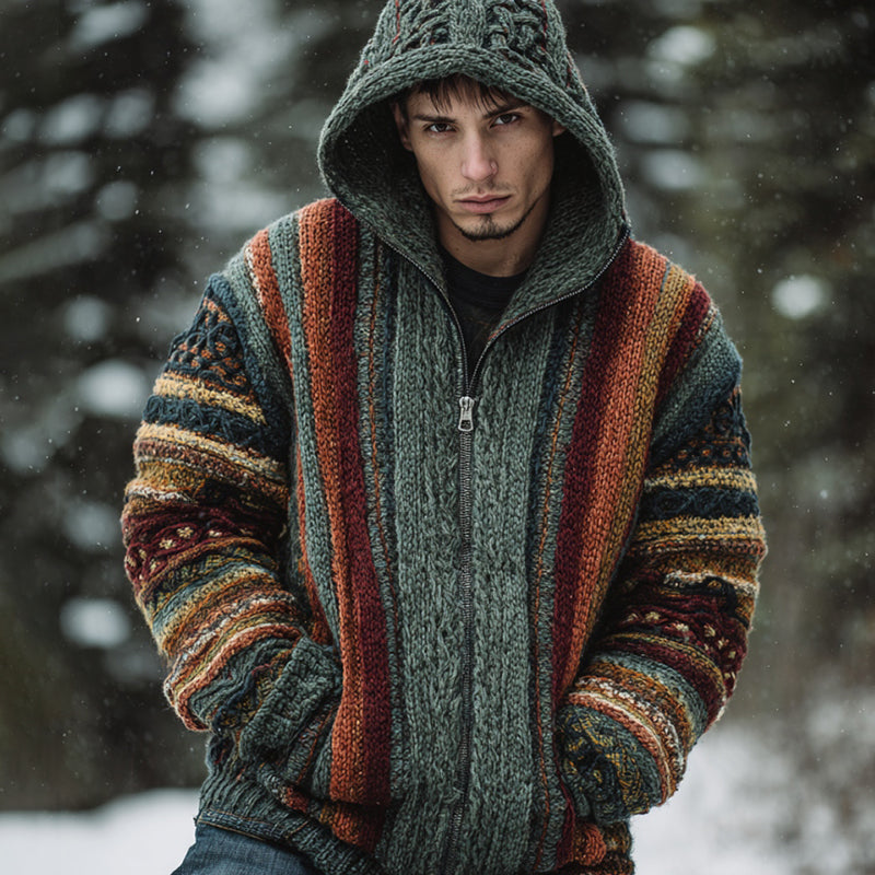 Men's Vintage Colorful Striped Celtic Art Jacquard Thick Warm Zip Hooded Sweater Cardigan artswardrobe