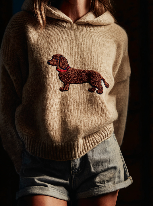 Classic Fuzzy Dachshund  Dog Felt Cozy Knit Hooded Sweater artswardrobe