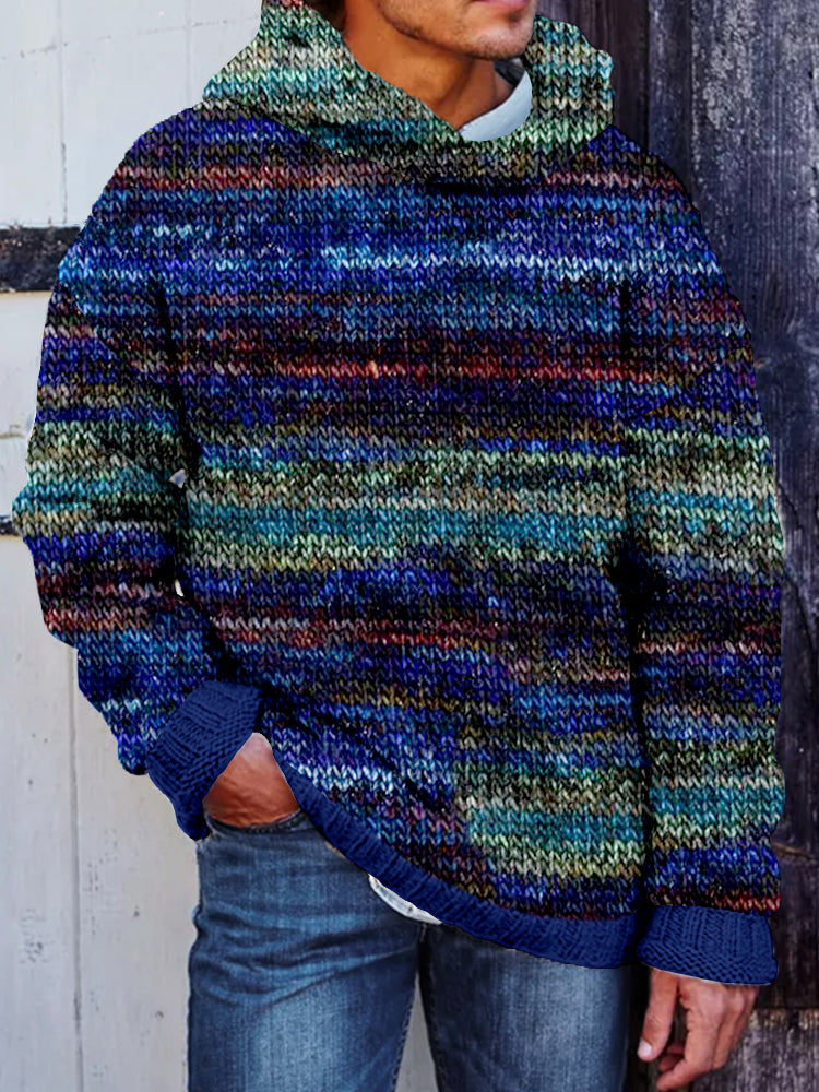 Men's Retro Striped Crochet Art Cozy Hooded Sweater elevenforest