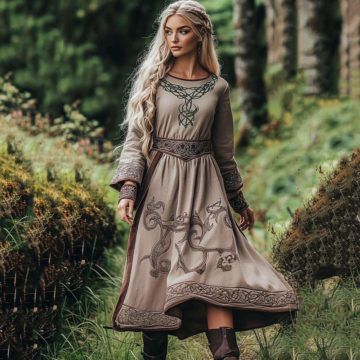 Vintage Viking Celtic Tree Of Life Basic Linen Crew Neck Dress artswardrobe