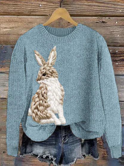 Lively Hare Embroidery Pattern Cozy Knit Sweater artswardrobe
