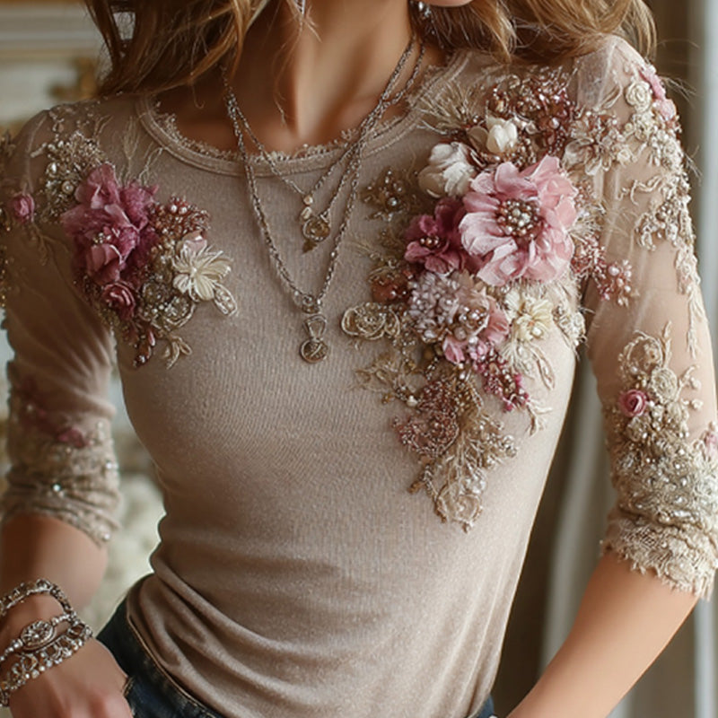 Comstylish Women's Casual Retro Bohemian Embroidered Floral Print T-shirt