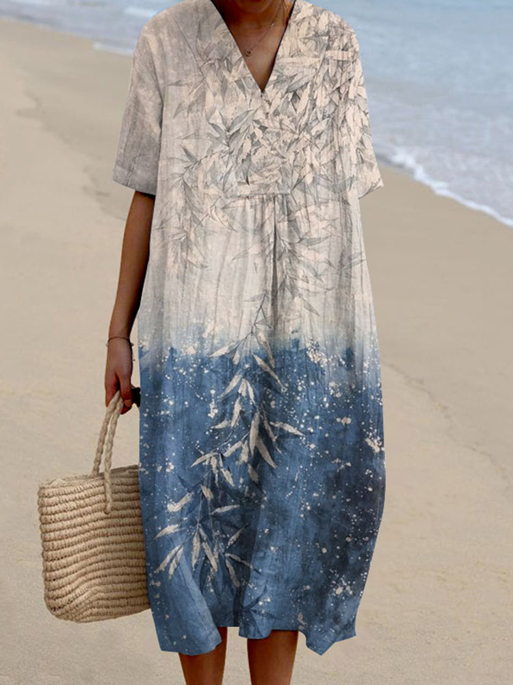 Women's Vintage Floral Art Print V Neck Flowy Midi Dress