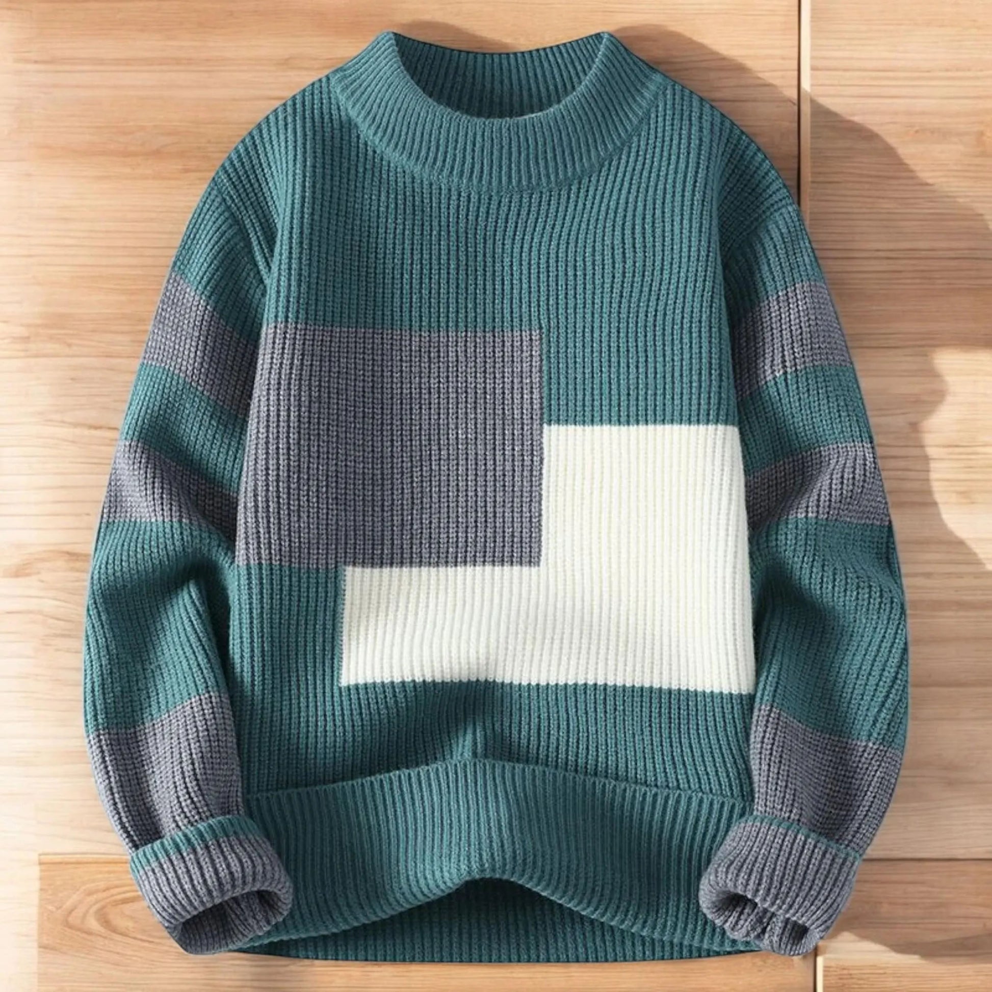 Vegan Men Mock Minimalist Knit Pullover Sustainable Patchwork Warmth Knitted Jacquard Unisex Sweater elevenforest