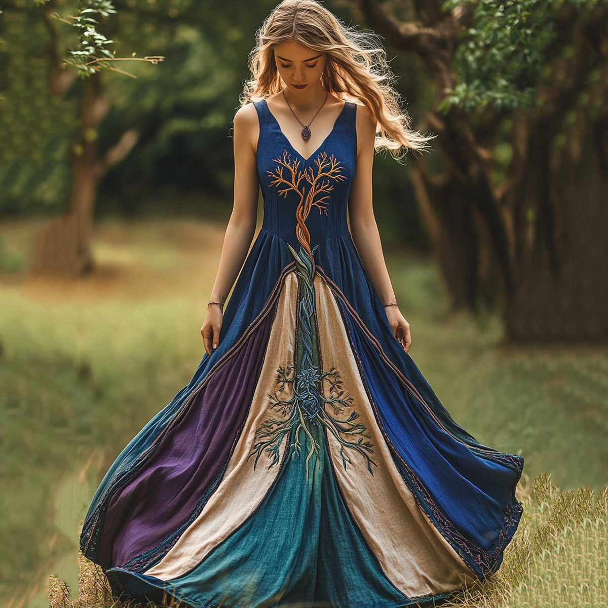 Viking Tree Of Life Patchwork Belt Maxi Dress artswardrobe