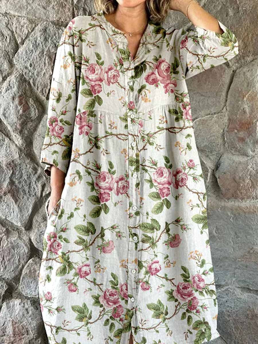 Women's Elegant Simple Rose Floral Stripe Pattern Cotton and Linen Shi