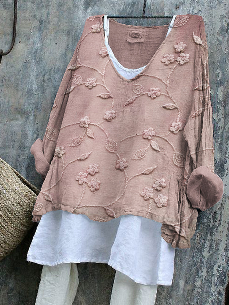 Comstylish Classy Floral Embroidered Flowy Linen Blend Tunic