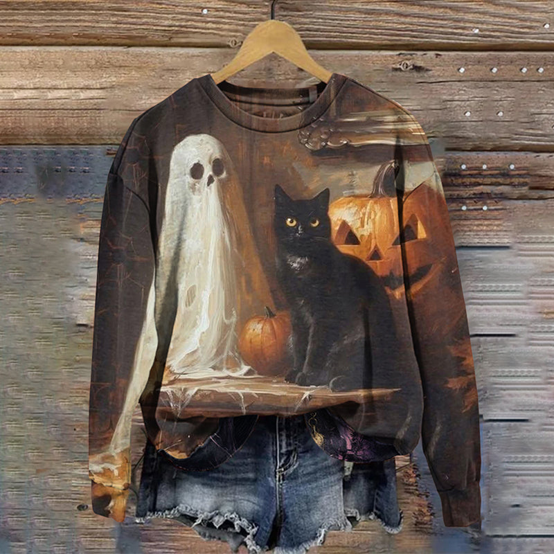 Comstylish Women's Halloween Cat Print Crew Neck Long Sleeve Casual Sweatshirt