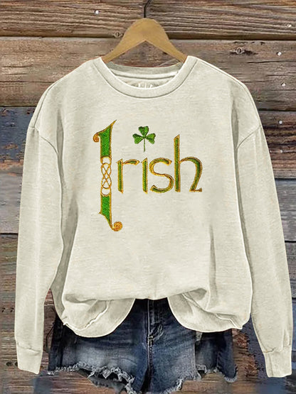 Comstylish Irish Shamrock Embroidered Crew Neck Sweatshirt