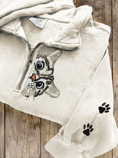 Lovely Peeking Cat Paw Prints Embroidered Zip Up Sweatshirt elevenforest