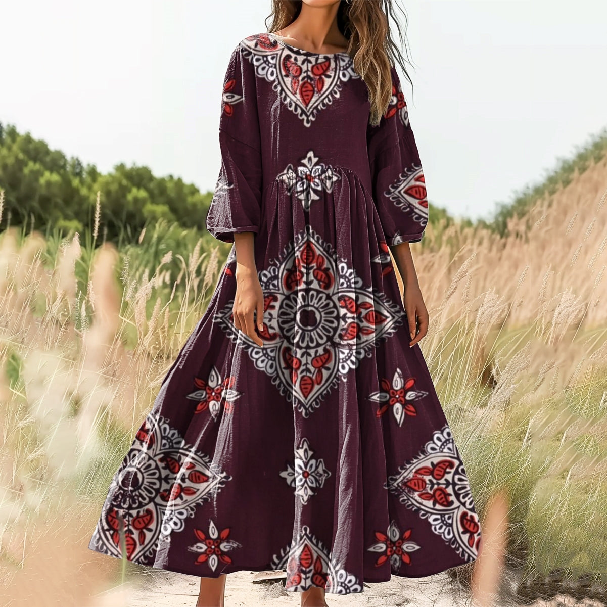 Women's Floral Embellished Pattern Art Print Cotton Crew Neck Dress