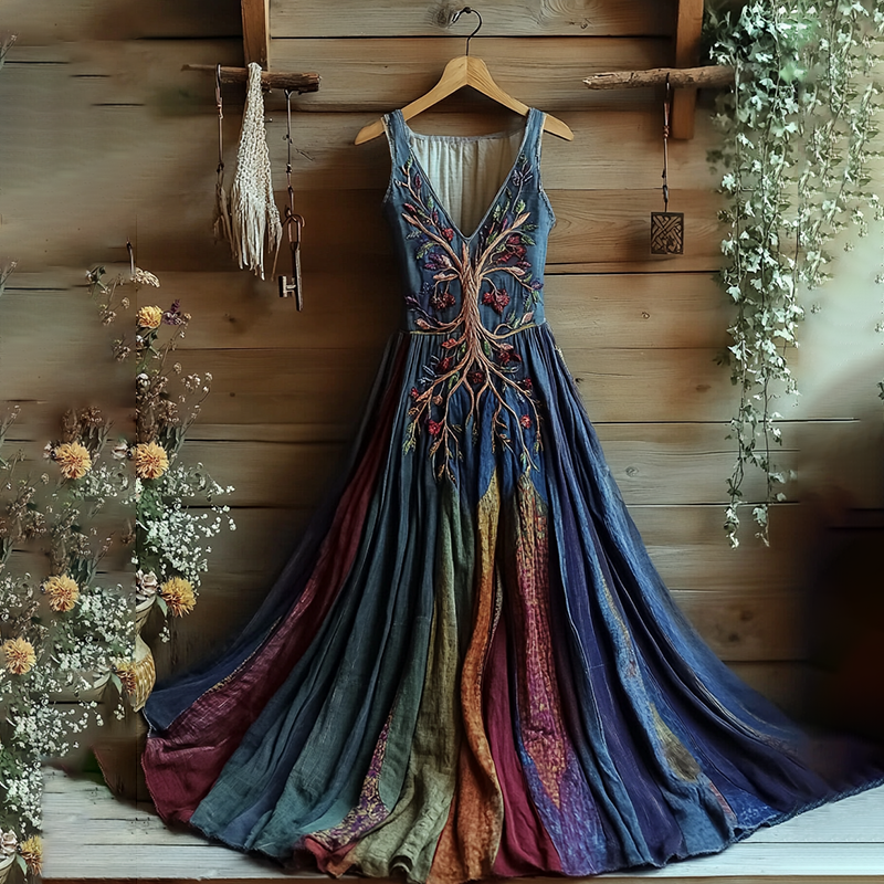 Viking Tree Of Life Contrast Color Maxi Dress artswardrobe
