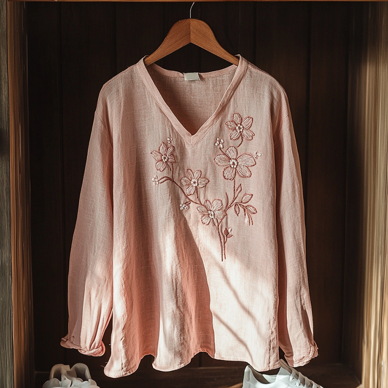 Boho Floral Cherry Embroidery Print Cotton And Linen Blend Loose Blouse artswardrobe