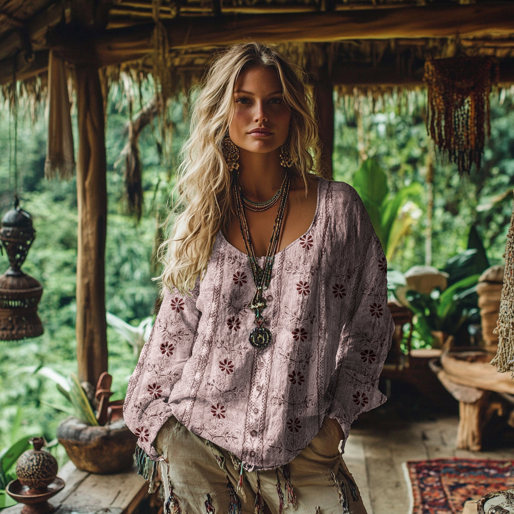 Comstylish Vintage Tribal Floral Art Cotton Linen Casual Shirt