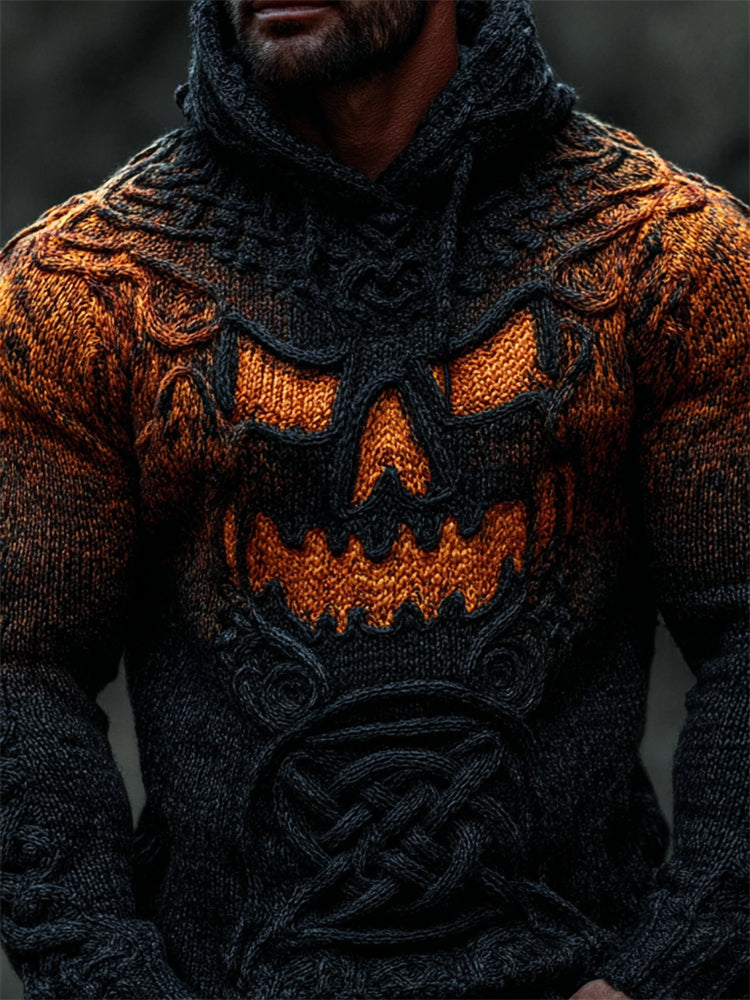 Men's Halloween Pumpkin Gradient Cozy Celtic Chunky Hooded Sweater elevenforest