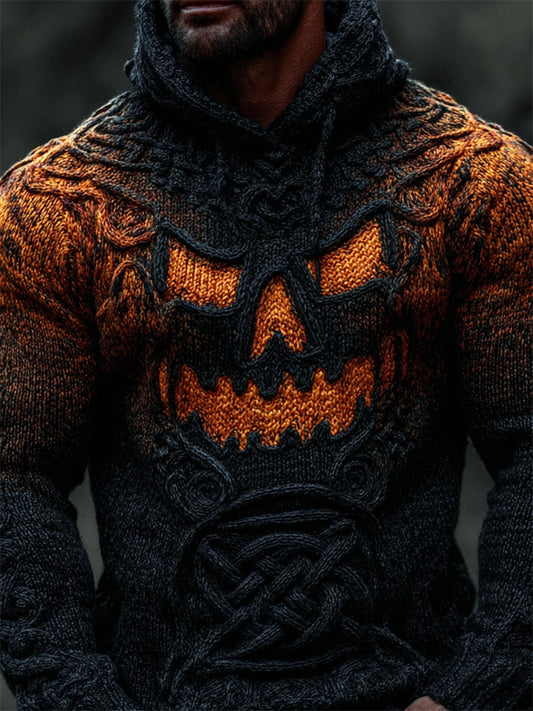 Men's Halloween Pumpkin Gradient Cozy Celtic Chunky Hooded Sweater elevenforest