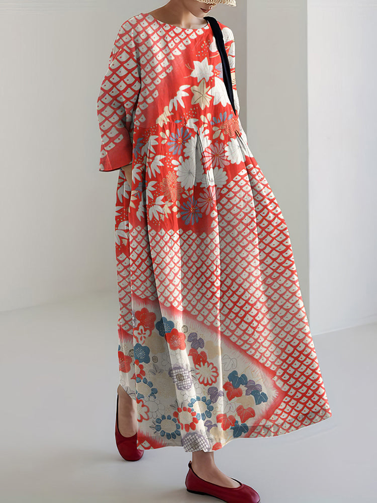 Japanese Art Flower Print Round Neck Loose Midi Dress