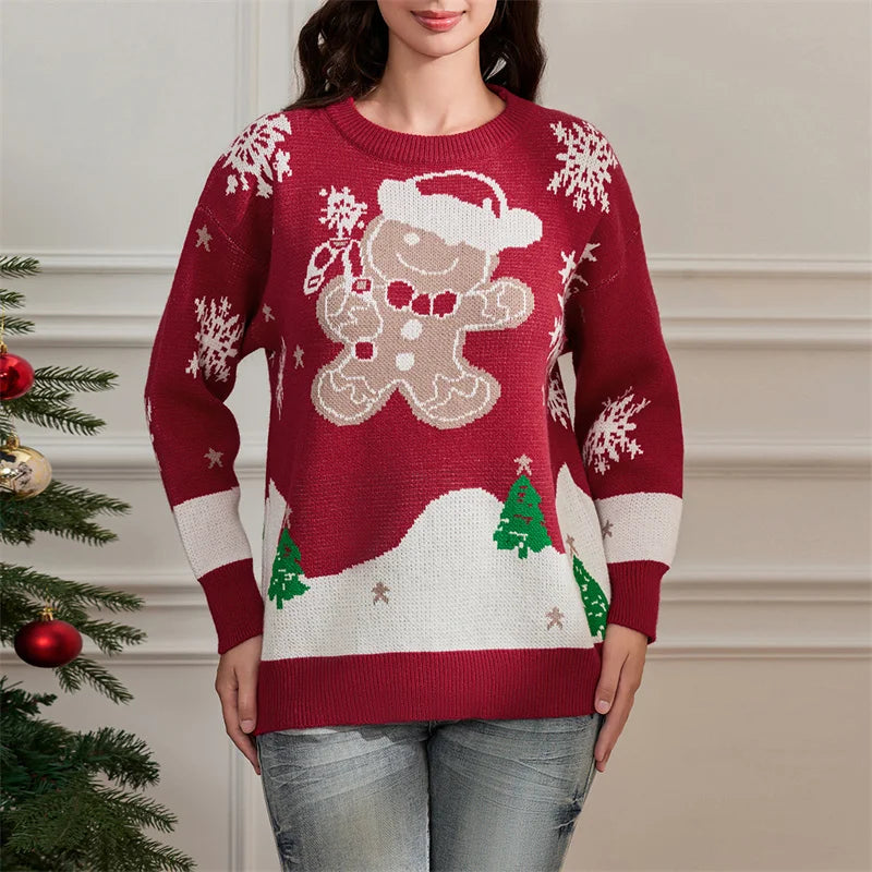 Elin® | Warm women's knitted sweater with a snowflake gingerbread print and a crew neck