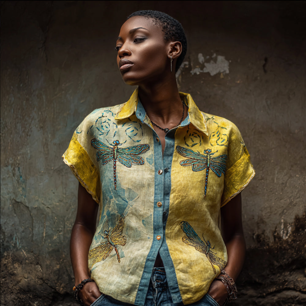 Comstylish Dragonfly Pattern Vintage-style Turtleneck Short-sleeved Shirt